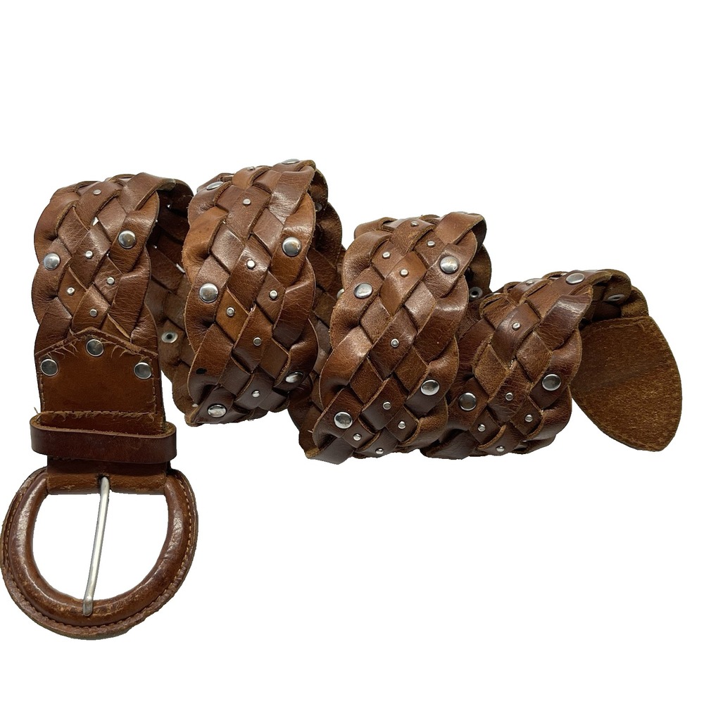 Old Navy Women's Leather Woven Braided Silver Tone Studs Size L Belt